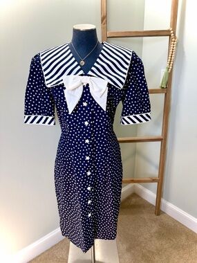Vintage Leslie Lucks Navy Blue White Stars Stripes Retro MIDI Dress Size 10